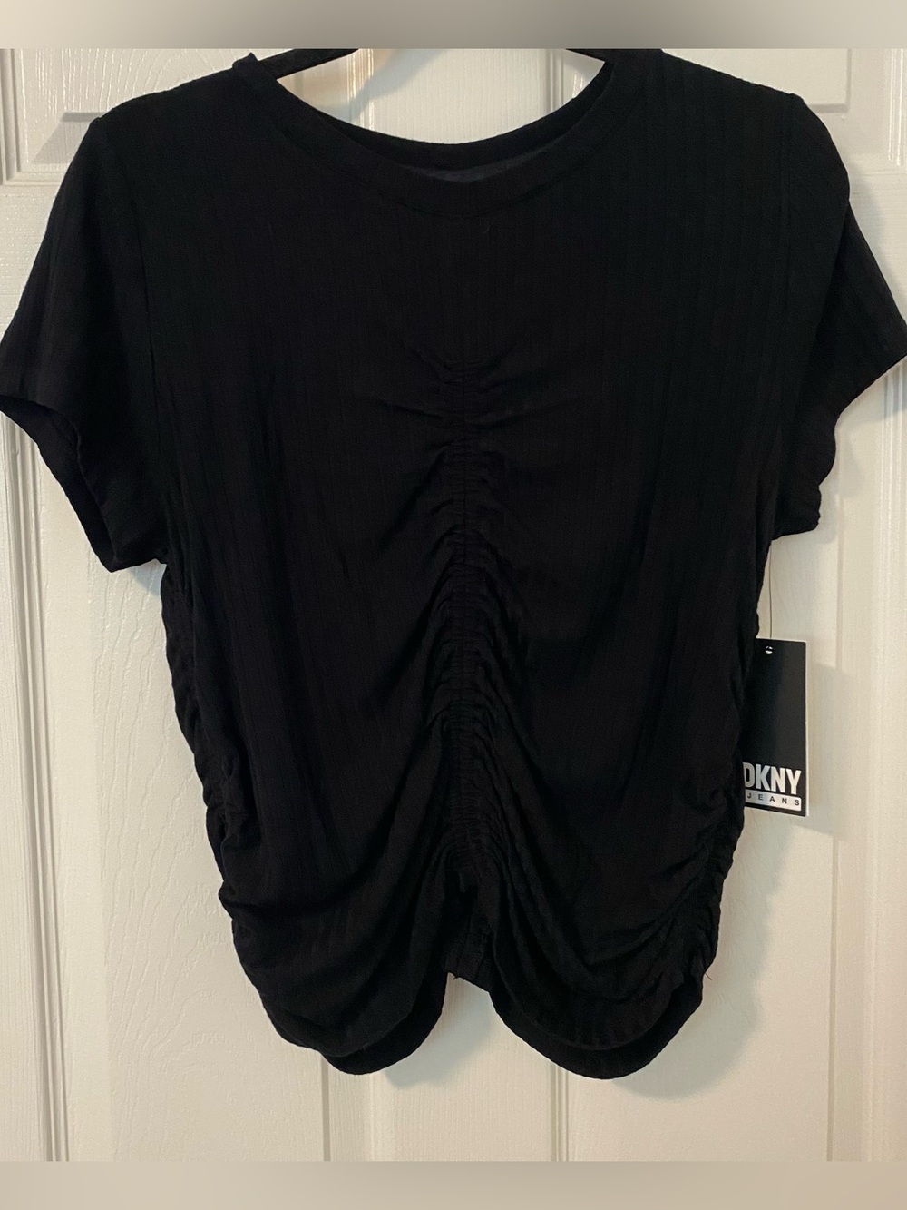 NWT DKNY Black Ruched V-Neck Short Sleeve Tee